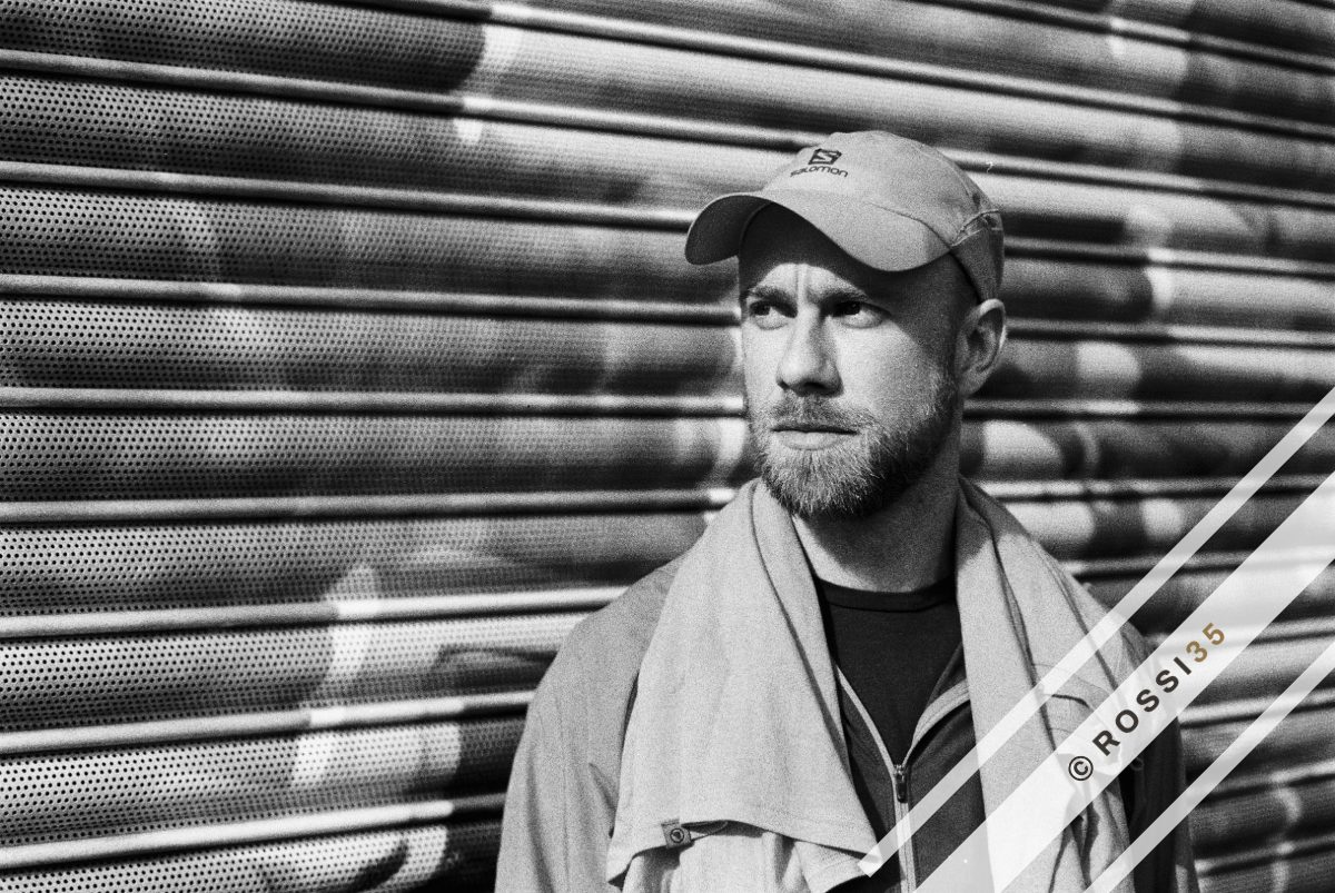 Black and white street portrait on Ilford HP5 film, East London